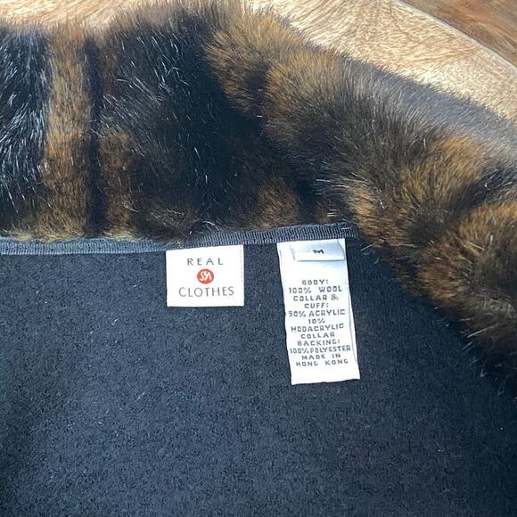 Real Clothes Black Wool Peacoat Jacket Faux Fur Warm Winter Coat M - Picture 10 of 12